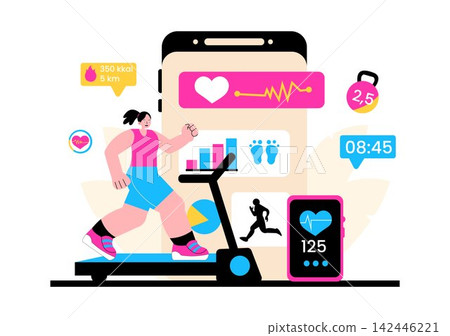 Virtual Fitness App Vector Illustration Featuring Workout Tracking, Smart Devices, Online Training, Health Monitoring and Active Lifestyle 142446221