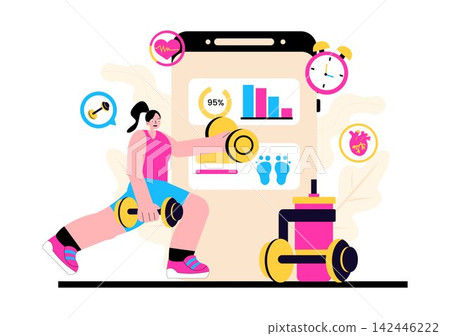 Virtual Fitness App Vector Illustration Featuring Workout Tracking, Smart Devices, Online Training, Health Monitoring and Active Lifestyle Virtual Fitness App Vector Illustration Featuring Workout Tracking, Smart Devices, Online Training, Health Monitoring and Active Lifestyle 142446222