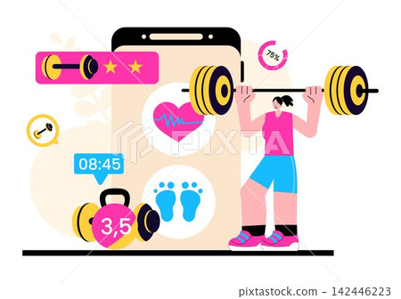 Virtual Fitness App Vector Illustration Featuring Workout Tracking, Smart Devices, Online Training, Health Monitoring and Active Lifestyle 142446223