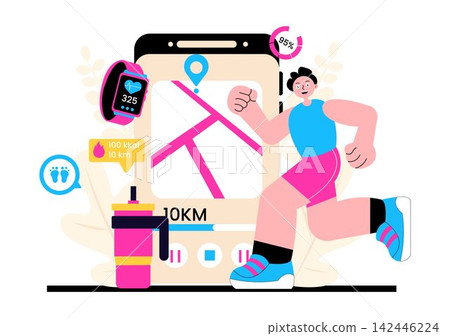 Virtual Fitness App Vector Illustration Featuring Workout Tracking, Smart Devices, Online Training, Health Monitoring and Active Lifestyle 142446224