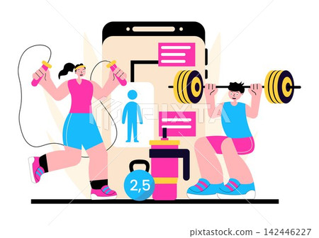 Virtual Fitness App Vector Illustration Featuring Workout Tracking, Smart Devices, Online Training, Health Monitoring and Active Lifestyle Virtual Fitness App Vector Illustration Featuring Workout Tracking, Smart Devices, Online Training, Health Monitoring and Active Lifestyle 142446227