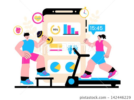 Virtual Fitness App Vector Illustration Featuring Workout Tracking, Smart Devices, Online Training, Health Monitoring and Active Lifestyle Virtual Fitness App Vector Illustration Featuring Workout Tracking, Smart Devices, Online Training, Health Monitoring and Active Lifestyle 142446229