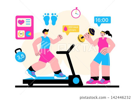 Virtual Fitness App Vector Illustration Featuring Workout Tracking, Smart Devices, Online Training, Health Monitoring and Active Lifestyle Virtual Fitness App Vector Illustration Featuring Workout Tracking, Smart Devices, Online Training, Health Monitoring and Active Lifestyle 142446232