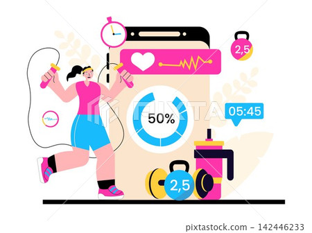 Virtual Fitness App Vector Illustration Featuring Workout Tracking, Smart Devices, Online Training, Health Monitoring and Active Lifestyle 142446233