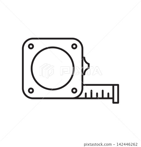Minimalist line art icon of a square retractable tape measure for leather layout and pattern drafting. Minimalist line art icon of a square retractable tape measure for leather layout and pattern drafting. 142446262