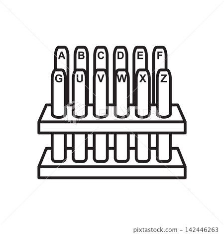 Minimalist line art icon of an alphabet letter stamp punch set organized on a two-tier wooden rack. Minimalist line art icon of an alphabet letter stamp punch set organized on a two-tier wooden rack. 142446263