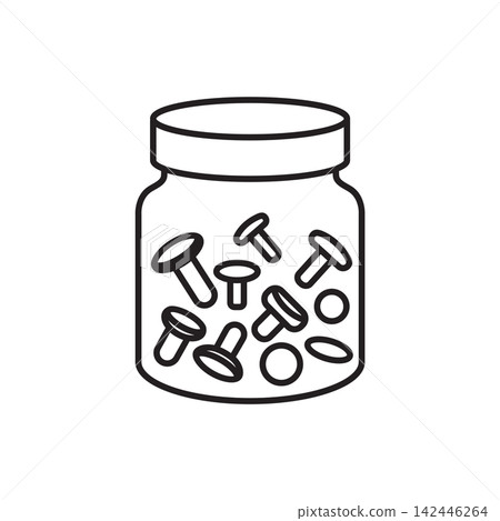 Minimalist line art icon of a glass storage jar filled with an assortment of metal rivets and studs. Minimalist line art icon of a glass storage jar filled with an assortment of metal rivets and studs. 142446264