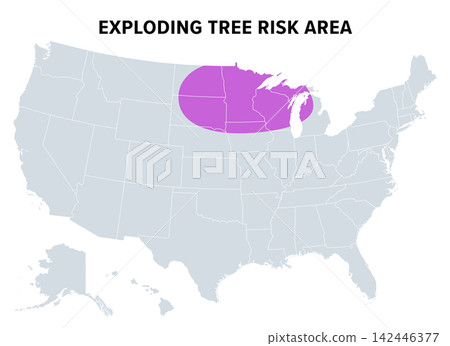 Exploding tree risk area of United States, political map. Overhyped social media trend describing frost cracks, of splitting trees with loud bang, threatening the Midwest and Northern Plains. Vector Exploding tree risk area of United States, political map. Overhyped social media trend describing frost cracks, of splitting trees with loud bang, threatening the Midwest and Northern Plains. Vector 142446377