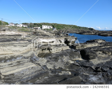Nagatsuro Rock and Nagatsuro Bay on Jogashima Island in Miura City (Uma-no-se Cave is visible in the background on the right). Nagatsuro Rock and Nagatsuro Bay on Jogashima Island in Miura City (Uma-no-se Cave is visible in the background on the right). 142446591