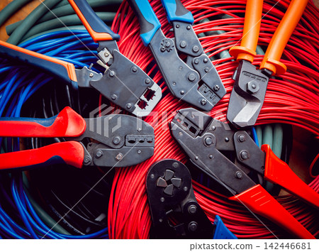 Electrical equipment. Electricity cable and crimper. Electrical equipment. Electricity cable and crimper. 142446681