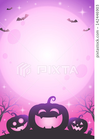 A pastel background illustration featuring cute Halloween pumpkins, a full moon, and bats. A pastel background illustration featuring cute Halloween pumpkins, a full moon, and bats. 142446903
