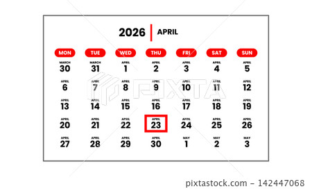 The date April 23th, 2026 marked with a red cursor on the wall The date April 23th, 2026 marked with a red cursor on the wall 142447068