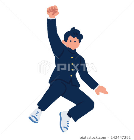 An illustration of a male student in a school uniform jumping with his fist raised. 142447291