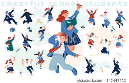 A set of illustrations of 19 students in their school uniforms, jumping and dancing. A set of illustrations of 19 students in their school uniforms, jumping and dancing. 142447322