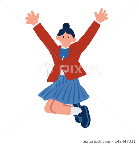 插圖描繪了一名女學生高舉雙手,擺出勝利的姿勢。 插圖描繪了一名女學生高舉雙手,擺出勝利的姿勢。 142447331