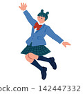 插圖描繪了一名女學生充滿活力地跳躍，同時舉起一隻手臂。 142447332
