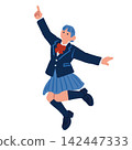 一幅女學生擺姿勢並斜指上方的插圖。 142447333