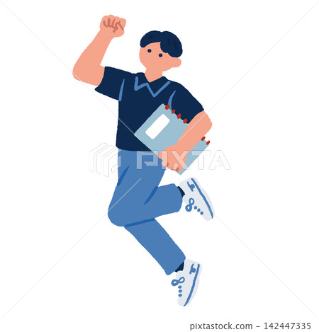 插圖描繪了一名男學生手持筆記本,舉起拳頭。 插圖描繪了一名男學生手持筆記本,舉起拳頭。 142447335