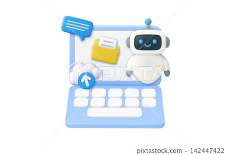3d AI Assistant Managing Cloud Files on Laptop 142447422