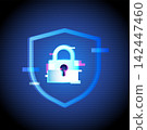 Cybersecurity Lock Shield Icon Neon Glitch Style 142447460
