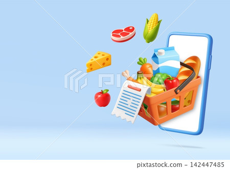 3d Online Grocery Basket Emerging From Smartphone Screen 3d Online Grocery Basket Emerging From Smartphone Screen 142447485