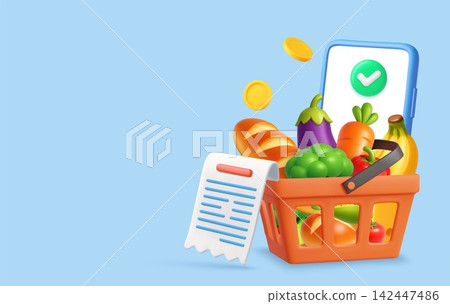 3d Online Grocery Payment With Basket And Coins 142447486