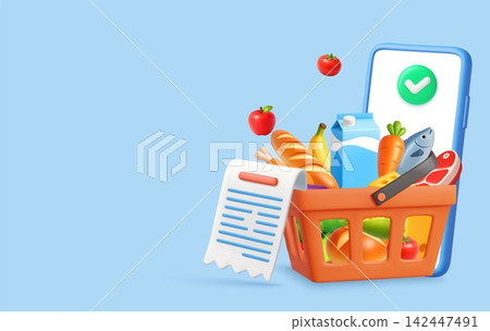 3d Online Grocery Checkout With Basket And Smartphone 3d Online Grocery Checkout With Basket And Smartphone 142447491