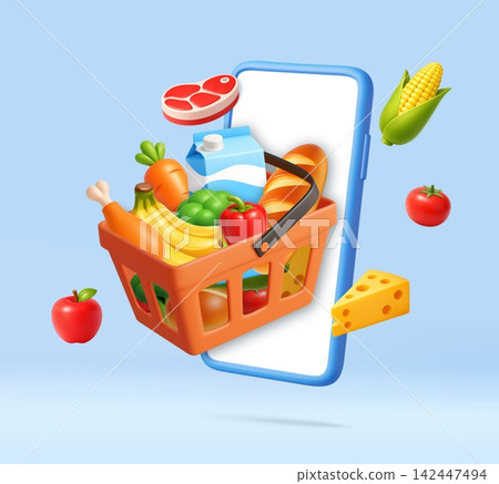 3d Online Grocery Shopping Concept With Smartphone Basket. 3d Online Grocery Shopping Concept With Smartphone Basket. 142447494