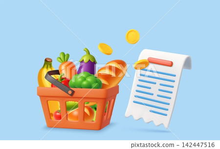3d Grocery Basket With Receipt And Coins Payment Concept. 142447516