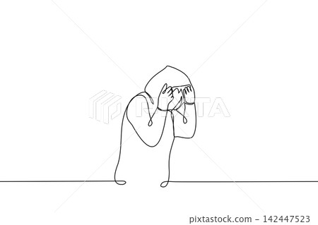 man goes putting on hood from hoodie - one line drawing vector. concept of sneaking, sheltering from rain, the criminal wants to hide man goes putting on hood from hoodie - one line drawing vector. concept of sneaking, sheltering from rain, the criminal wants to hide 142447523