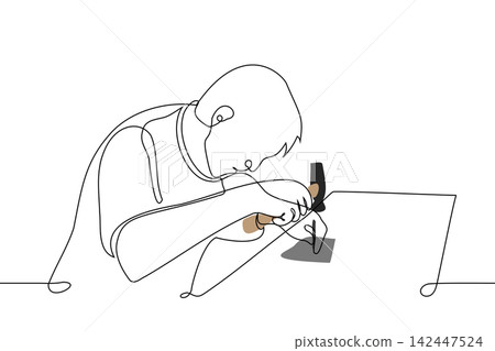 male craftsman knocks with hammer on rod standing on piece of material - one line drawing vector. concept businessman artisan in the process of making handmade goods, making clothes or shoes by hand male craftsman knocks with hammer on rod standing on piece of material - one line drawing vector. concept businessman artisan in the process of making handmade goods, making clothes or shoes by hand 142447524