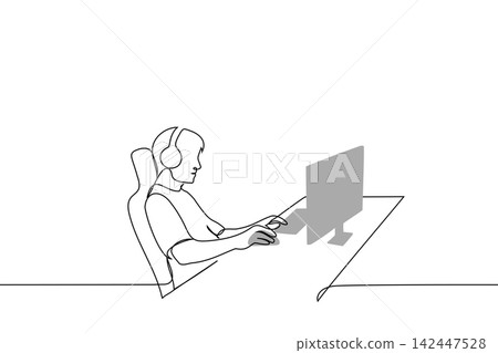 man in overhead headphones holds a mouse and a gamepad in front of a computer monitor - one line drawing vector. concept of a pc gamer in the process of passing the game man in overhead headphones holds a mouse and a gamepad in front of a computer monitor - one line drawing vector. concept of a pc gamer in the process of passing the game 142447528
