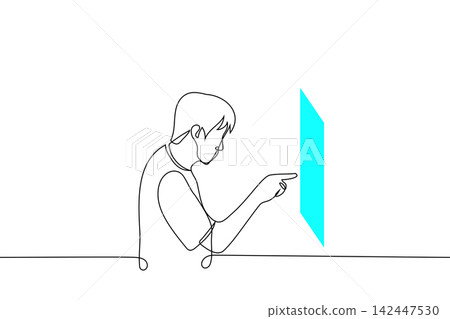 man pokes finger at blue flat screen hanging in air in front of him - one line drawing vector. virtual reality concept, visualization of infographics or touchpad control panel man pokes finger at blue flat screen hanging in air in front of him - one line drawing vector. virtual reality concept, visualization of infographics or touchpad control panel 142447530