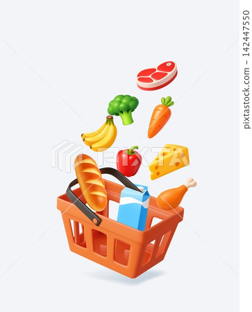3d Groceries Falling Into Shopping Basket Food 3d Groceries Falling Into Shopping Basket Food 142447550