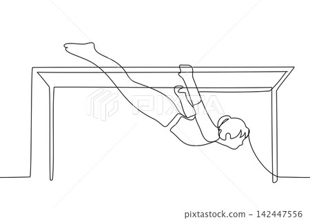 adult girl is engaged in pilates - one line drawing. sportswoman hanging upside down holding on to fitness simulator adult girl is engaged in pilates - one line drawing. sportswoman hanging upside down holding on to fitness simulator 142447556