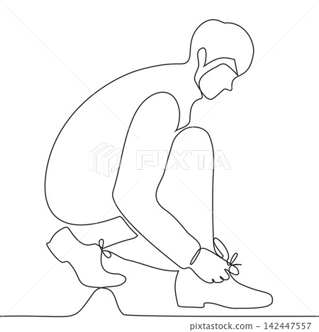 man crouches down to tie his shoelaces, he looks at the viewer. one line drawing of a guy tying his shoes man crouches down to tie his shoelaces, he looks at the viewer. one line drawing of a guy tying his shoes 142447557
