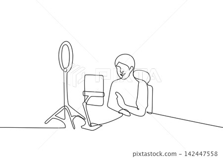 male blogger or celebrity live streaming using tablet and ring lamp - one line drawing vector. concept of live, online streaming on social networks, communication with subscribers or fans male blogger or celebrity live streaming using tablet and ring lamp - one line drawing vector. concept of live, online streaming on social networks, communication with subscribers or fans 142447558