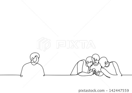 teen outsider sitting alone and jealous of company of friends addicted to phone - one line drawing vector. concept of hermitage, bullying, lack of friends, social awkwardness, self doubt teen outsider sitting alone and jealous of company of friends addicted to phone - one line drawing vector. concept of hermitage, bullying, lack of friends, social awkwardness, self doubt 142447559
