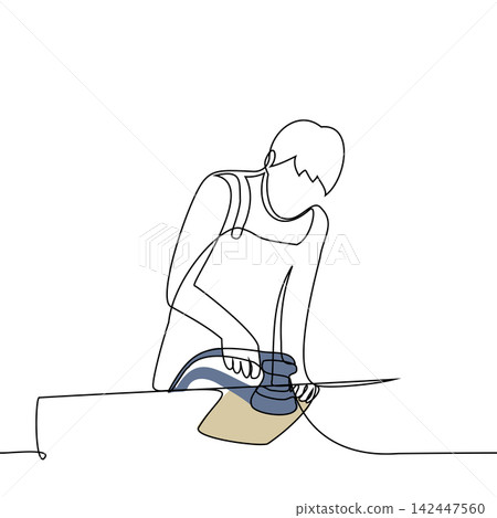 male craftsman working with a grinder on wood - one line drawing vector. concept male artist or craftsman is engaged in grinding materials 142447560