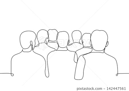 crowd of men standing with their backs to the viewer they are all looking in the same direction - one line drawing vector. the concept of hype, waiting for news, sports fans, observers crowd of men standing with their backs to the viewer they are all looking in the same direction - one line drawing vector. the concept of hype, waiting for news, sports fans, observers 142447561