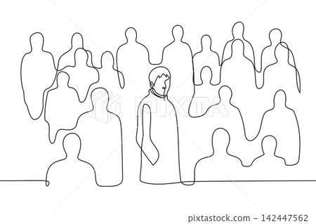 in middle of crowd of people, man stands in center and looks at viewer - one line drawing vector. concept of being stranger, hermit, outsider, oppositionist, hero, freethinker, genius, not like all in middle of crowd of people, man stands in center and looks at viewer - one line drawing vector. concept of being stranger, hermit, outsider, oppositionist, hero, freethinker, genius, not like all 142447562