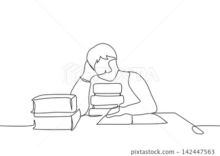 sad male student sitting in pile of books - one line drawing vector. concept man tired of studying, scientist looking for information in analog sources to no avail, man in the library sad male student sitting in pile of books - one line drawing vector. concept man tired of studying, scientist looking for information in analog sources to no avail, man in the library 142447563