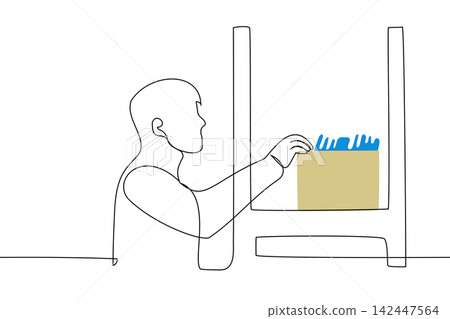 man in front of an open rack and chooses a folder file from a box (drawer) - one line drawing vector. concept to look for documents in archive, analog files, old-fashioned database man in front of an open rack and chooses a folder file from a box (drawer) - one line drawing vector. concept to look for documents in archive, analog files, old-fashioned database 142447564