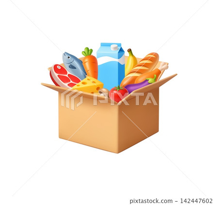 3d Food Donation Box with Groceries icon. 3d Food Donation Box with Groceries icon. 142447602