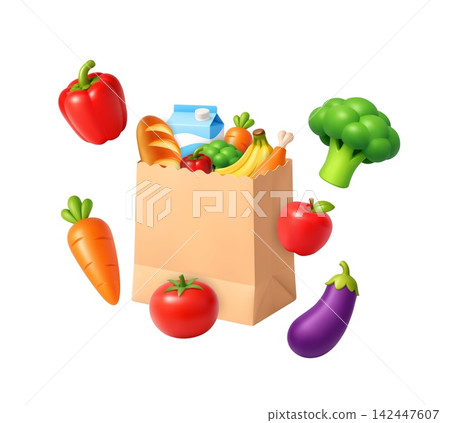 3d Grocery Bag with Fresh Food and Vegetables Around 3d Grocery Bag with Fresh Food and Vegetables Around 142447607