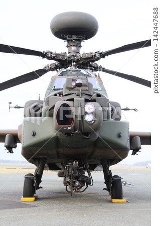 Japan Ground Self-Defense Force AH-64D Apache Longbow, equipped with fire control radar, front view. Japan Ground Self-Defense Force AH-64D Apache Longbow, equipped with fire control radar, front view. 142447688