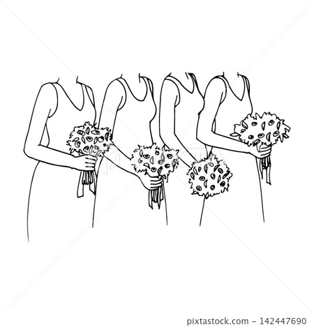 four bridesmaids standing in a row holding bouquets. hand-drawn faceless bridesmaids four bridesmaids standing in a row holding bouquets. hand-drawn faceless bridesmaids 142447690