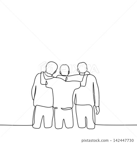 friends stand embracing and look in the same direction with their backs to the viewer - one line drawing vector. concept best friends, family friends stand embracing and look in the same direction with their backs to the viewer - one line drawing vector. concept best friends, family 142447730