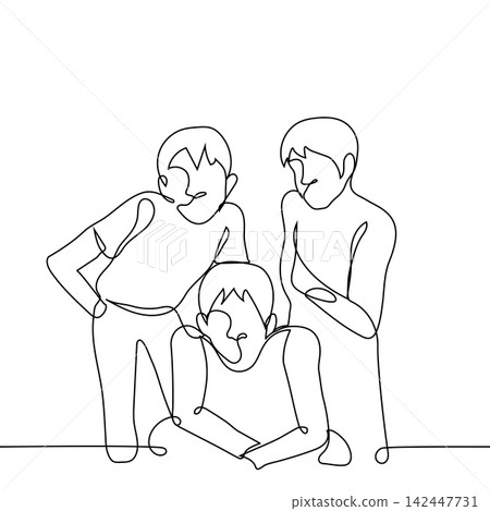group of men looking at viewer, fisheye frame - one line drawing vector. concept observers, posing for photo, square crop group of men looking at viewer, fisheye frame - one line drawing vector. concept observers, posing for photo, square crop 142447731