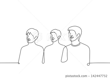group of men laughing looking at something - one line drawing vector. concept to watch something funny, laugh at a joke group of men laughing looking at something - one line drawing vector. concept to watch something funny, laugh at a joke 142447732